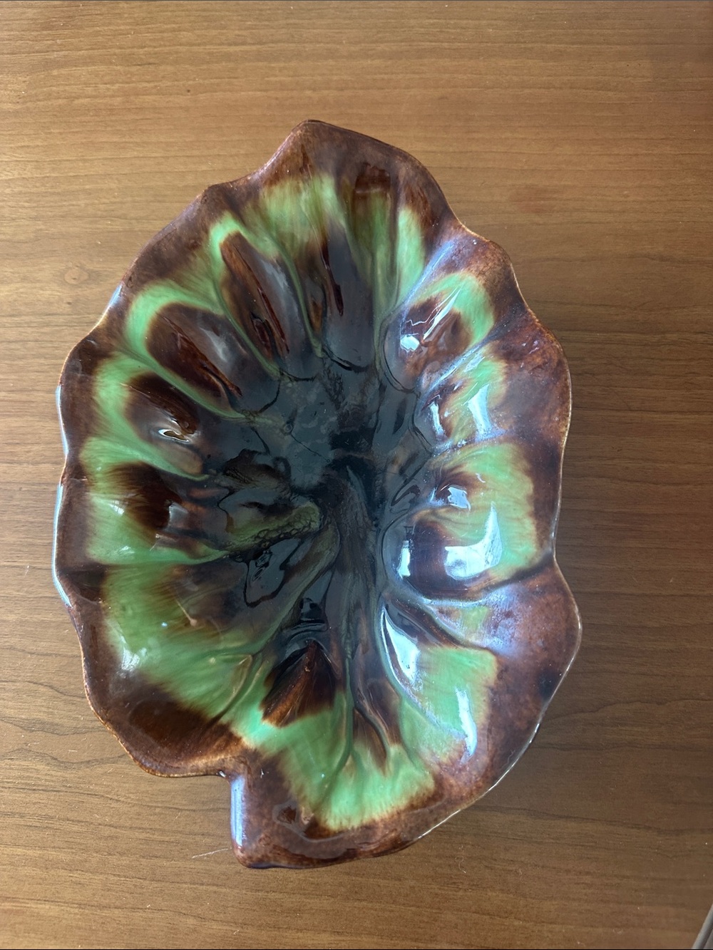 Vintage Mid-Century Modern California Pottery Drip Glaze Leaf Dish
